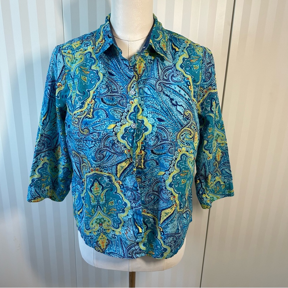 Alia petite blue green yellow pattern button down blouse Size 10P